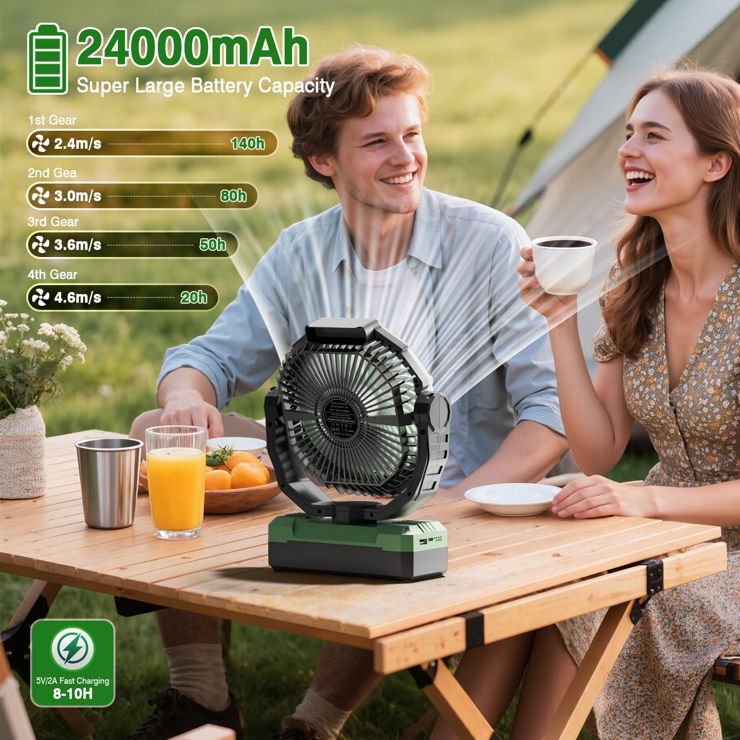 FRIZCOL 3-in-1 Camping Fan - Portable Fans Rechargeable - 24000mAh Battery Powered Fan(140Hrs) with Light & Remote for Indoor, Outdoor, Tent, Travel, BBQ, Fishing, Jobsite - Green - Image 2
