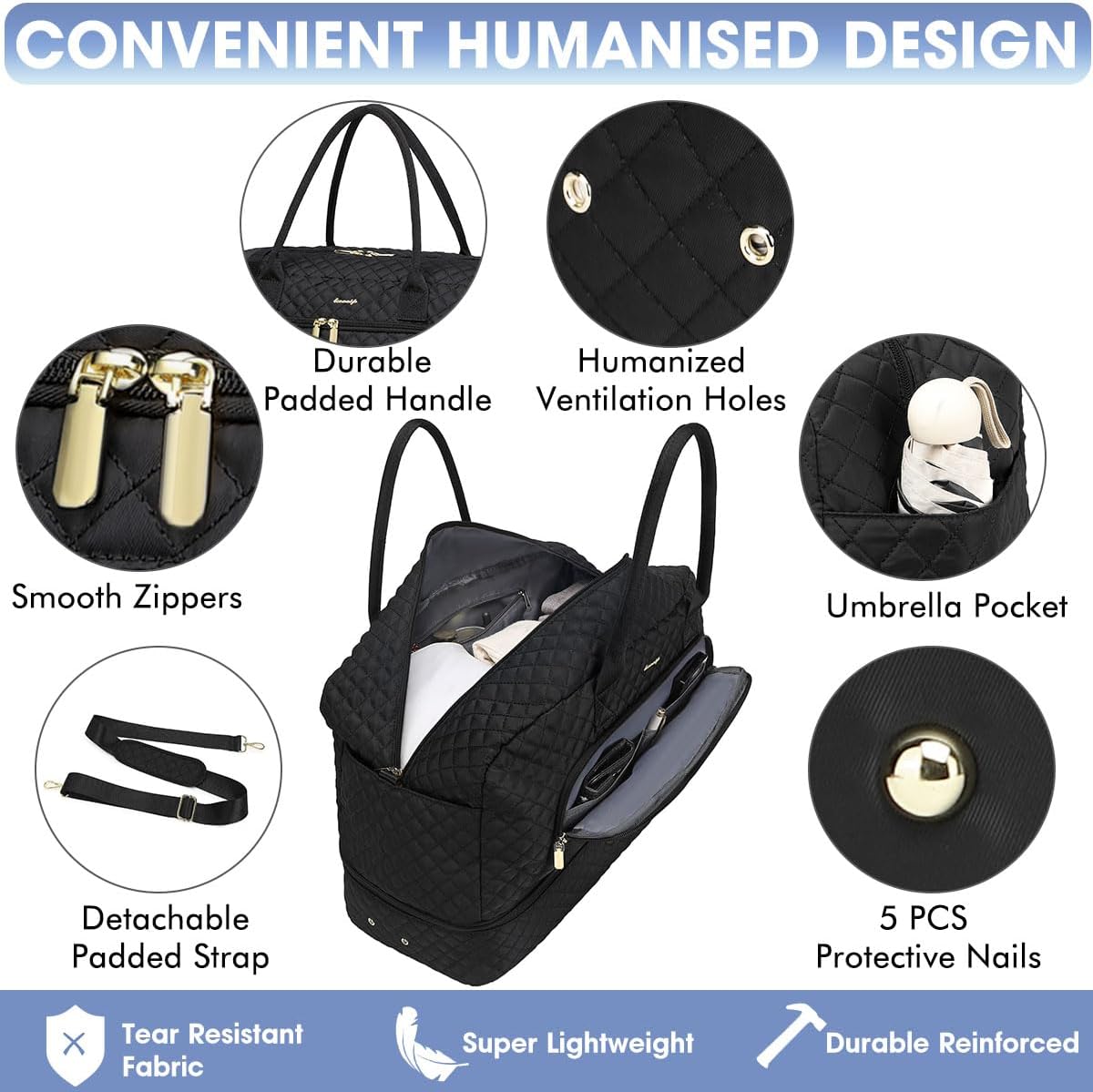 Large Women Travel Duffle Bag - Carry on Overnight Bag Weekend Travel Duffel Tote Bag Yoga Gym Bag with Wet Pocket Toiletry Weekender Overnight Bag for Travel Business Trips Sport Hospital Black - Image 3